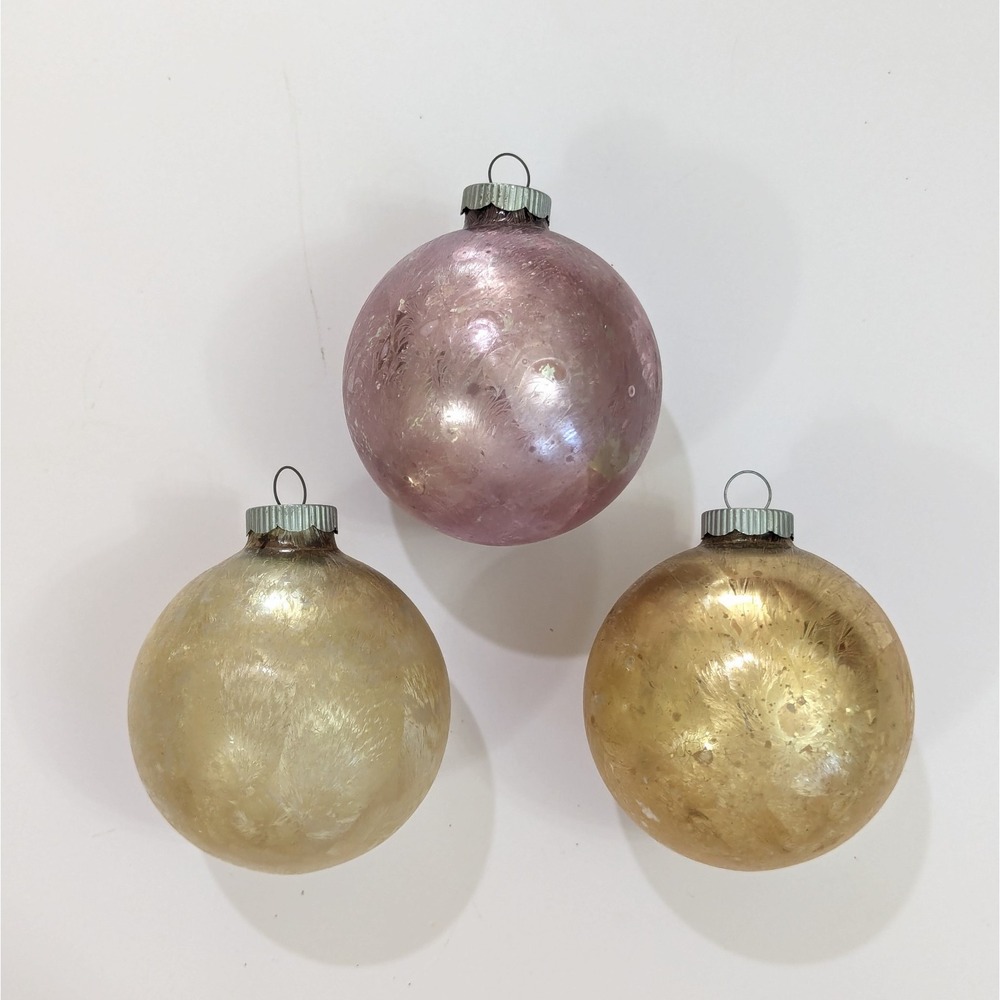 Vintage Shiny Brite Glass Hammered Jack Frost 3" Ornaments Gold Pink USA